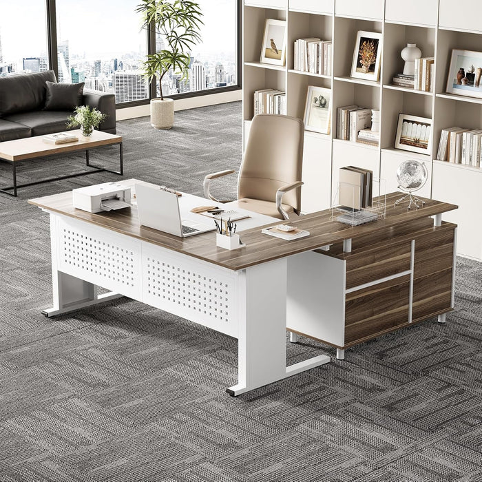 Large Computer Desk with File Cabinet, 63 Inch Executive Desk L Shaped Office Desk with Drawers and Storage Shelves, Business Furniture Desk Workstation for Home Office - ShipItFurniture