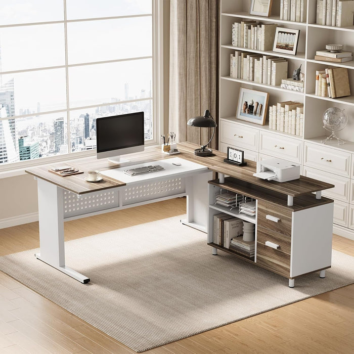 Large Computer Desk with File Cabinet, 63 Inch Executive Desk L Shaped Office Desk with Drawers and Storage Shelves, Business Furniture Desk Workstation for Home Office - ShipItFurniture