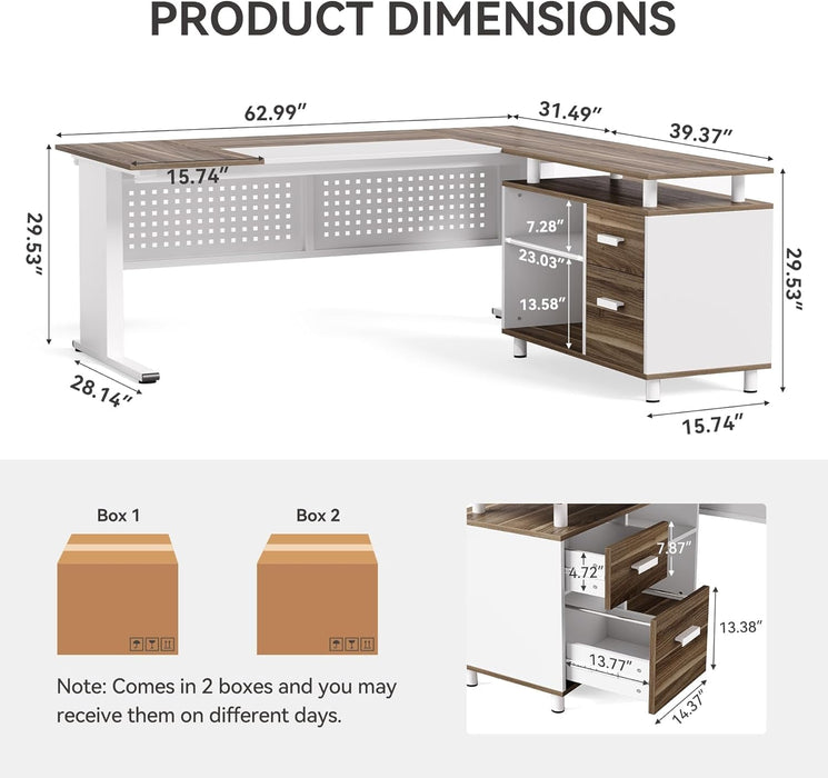 Large Computer Desk with File Cabinet, 63 Inch Executive Desk L Shaped Office Desk with Drawers and Storage Shelves, Business Furniture Desk Workstation for Home Office - ShipItFurniture