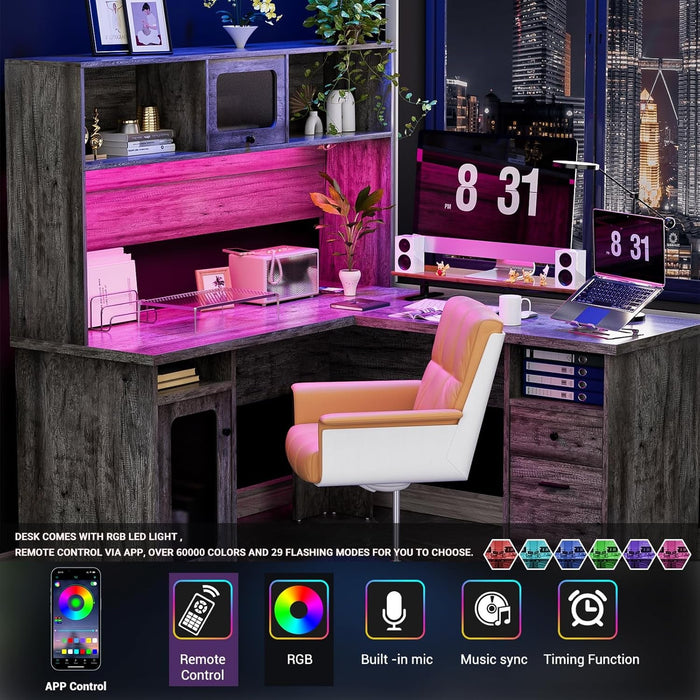 Large L Shaped Desk with Drawers and LED Lights - ShipItFurniture