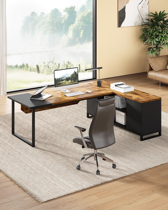 Large L Shaped Executive Desk and File Cabinet Combo - ShipItFurniture