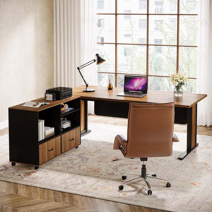 Large L Shaped Executive Desk with File Storage - ShipItFurniture