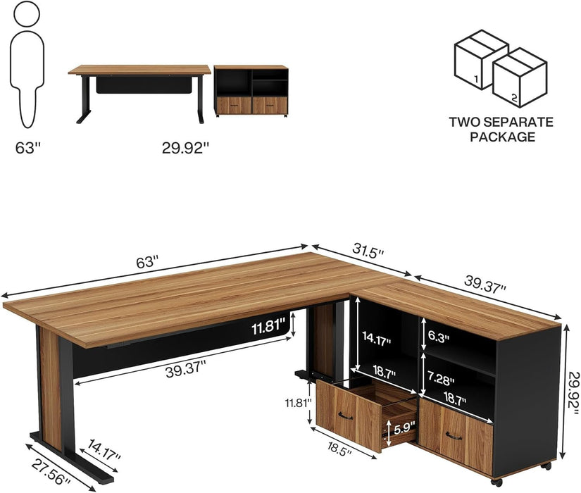 Large L Shaped Executive Desk with File Storage - ShipItFurniture