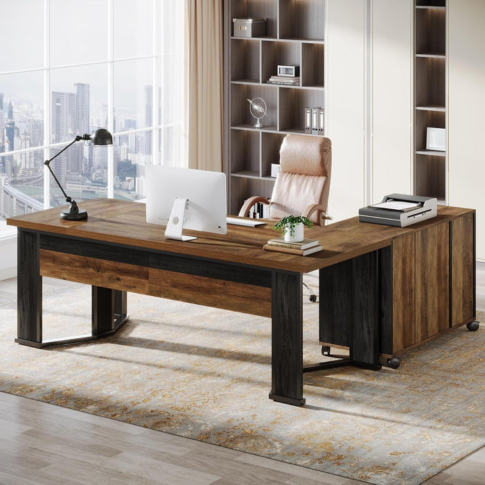Large L Shaped Executive Desk with Mobile File Cabinet - ShipItFurniture