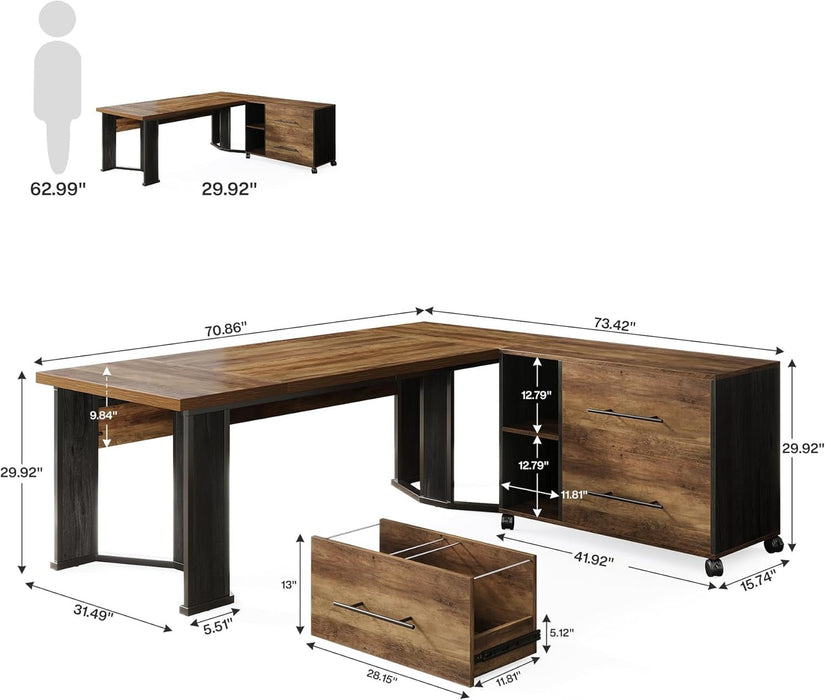 Large L Shaped Executive Desk with Mobile File Cabinet - ShipItFurniture