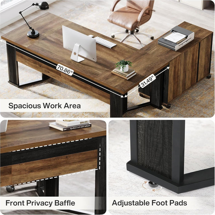 Large L Shaped Executive Desk with Mobile File Cabinet - ShipItFurniture