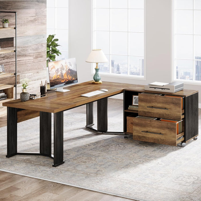 Large L Shaped Executive Desk with Mobile File Cabinet - ShipItFurniture