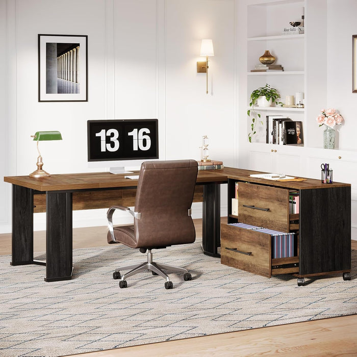 Large L Shaped Executive Desk with Mobile File Cabinet - ShipItFurniture