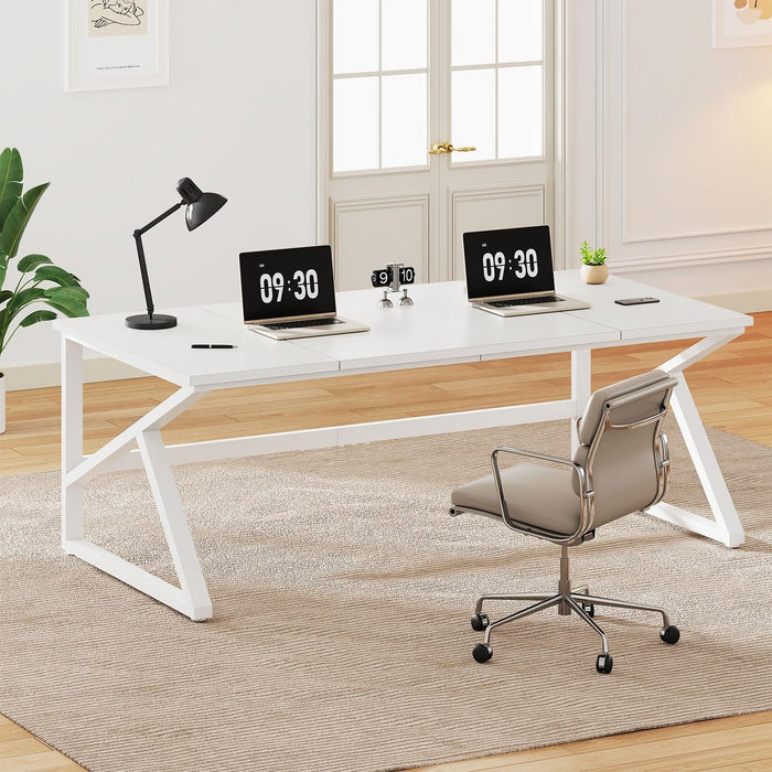 Large White Desk, Wooden and Metal 70 Inch Computer Desk, Modern Extra Long Double Desks for Home Office Executive Writing Study Gaming, Farmhouse 2 Person PC Laptop Table in Bedroom Living Room - ShipItFurniture