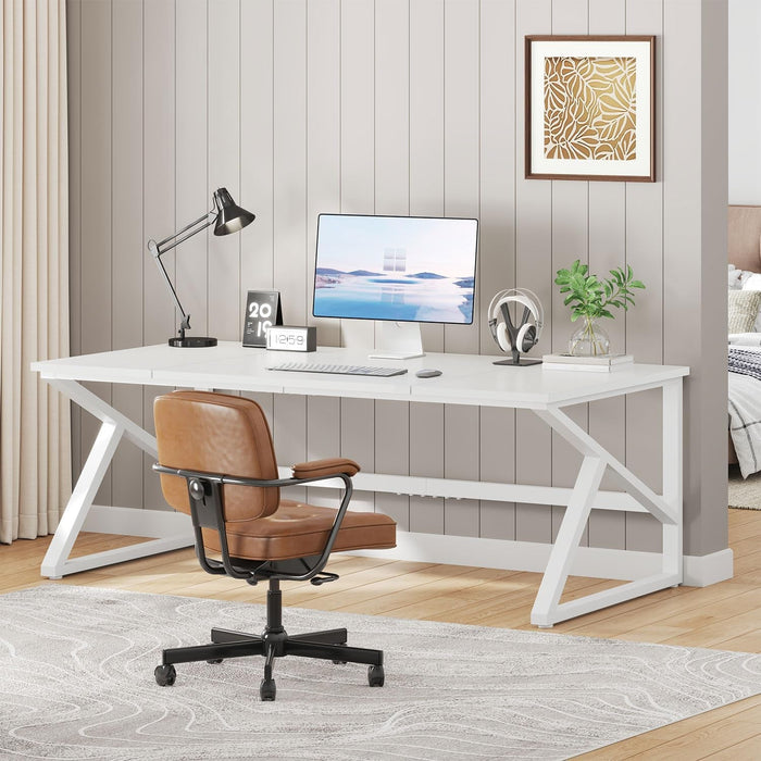 Large White Desk, Wooden and Metal 70 Inch Computer Desk, Modern Extra Long Double Desks for Home Office Executive Writing Study Gaming, Farmhouse 2 Person PC Laptop Table in Bedroom Living Room - ShipItFurniture