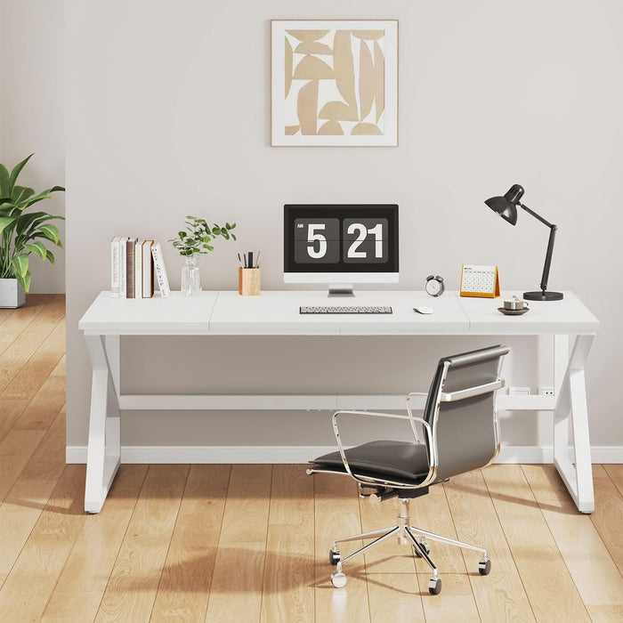 Large White Desk, Wooden and Metal 70 Inch Computer Desk, Modern Extra Long Double Desks for Home Office Executive Writing Study Gaming, Farmhouse 2 Person PC Laptop Table in Bedroom Living Room - ShipItFurniture