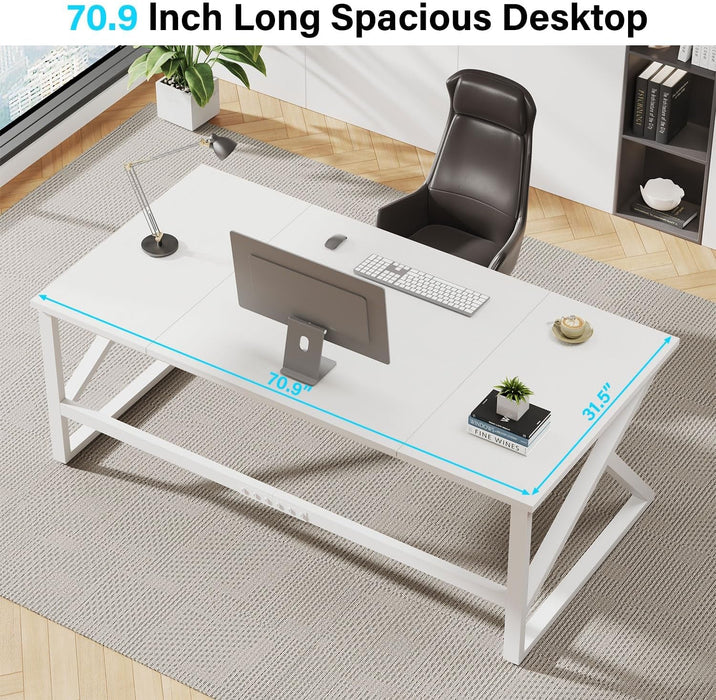 Large White Desk, Wooden and Metal 70 Inch Computer Desk, Modern Extra Long Double Desks for Home Office Executive Writing Study Gaming, Farmhouse 2 Person PC Laptop Table in Bedroom Living Room - ShipItFurniture