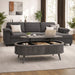 Full view of gray sectional sofa and ottoman in modern living room showing reversible layout and natural light.