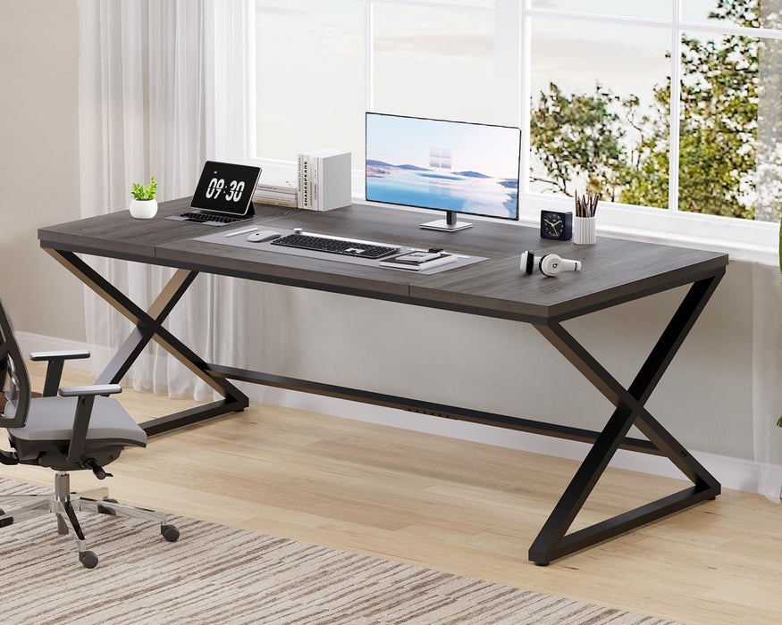 Long Computer Desk, 70.8” Large Work Desk for Home Office, Wood Metal Writing Desk Executive Workstation for Bedroom, Industrial PC Gaming Desk Computer Table for 2 Monitors, Dark Gray Oak - ShipItFurniture