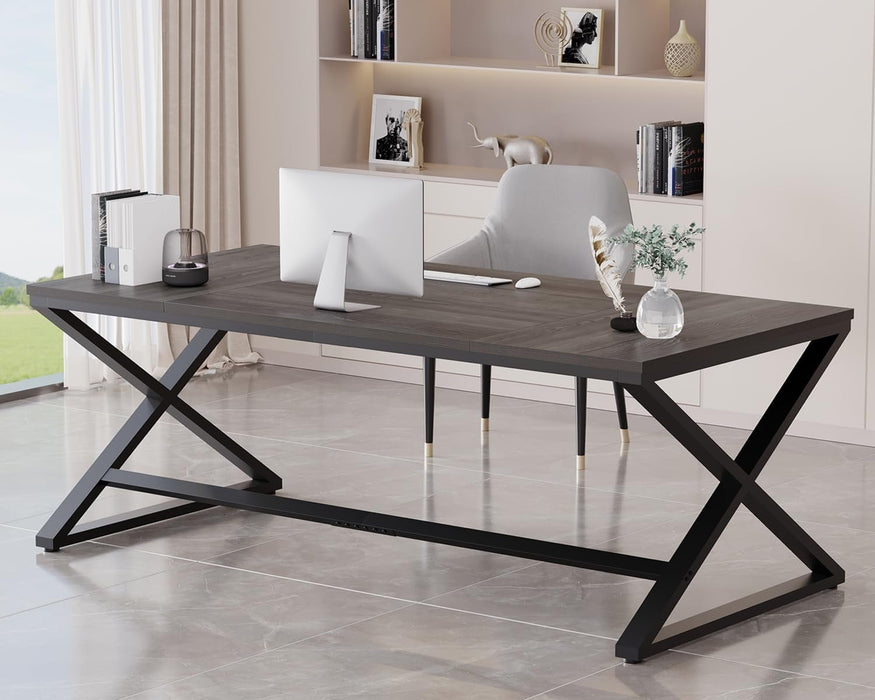 Long Computer Desk, 70.8” Large Work Desk for Home Office, Wood Metal Writing Desk Executive Workstation for Bedroom, Industrial PC Gaming Desk Computer Table for 2 Monitors, Dark Gray Oak - ShipItFurniture