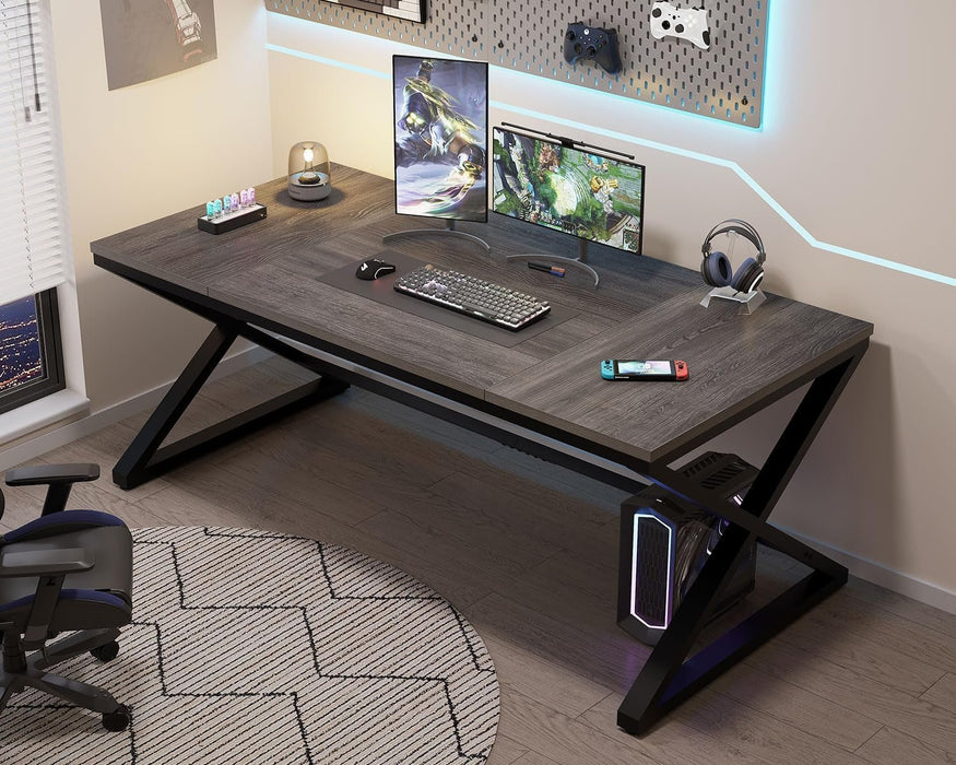 Long Computer Desk, 70.8” Large Work Desk for Home Office, Wood Metal Writing Desk Executive Workstation for Bedroom, Industrial PC Gaming Desk Computer Table for 2 Monitors, Dark Gray Oak - ShipItFurniture