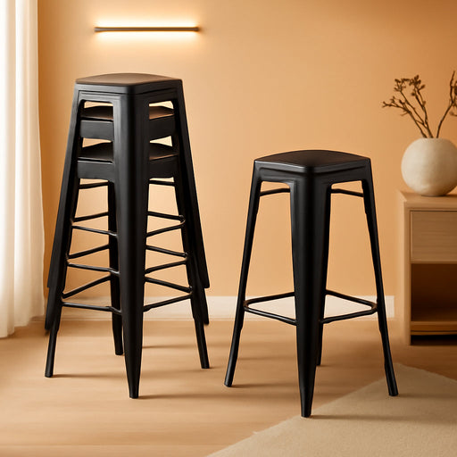 Metal Backless Bar Stools Set of 4, 30" Bar Height Modern Industrial Barstools W/Cut - Out Handle, Footrest, Rubber Foot Pads, Stackable Bar Dining Chairs for Kitchen Island, Black - ShipItFurniture