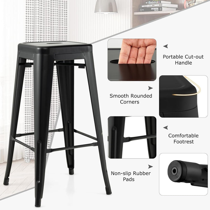 Metal Backless Bar Stools Set of 4, 30" Bar Height Modern Industrial Barstools W/Cut - Out Handle, Footrest, Rubber Foot Pads, Stackable Bar Dining Chairs for Kitchen Island, Black - ShipItFurniture