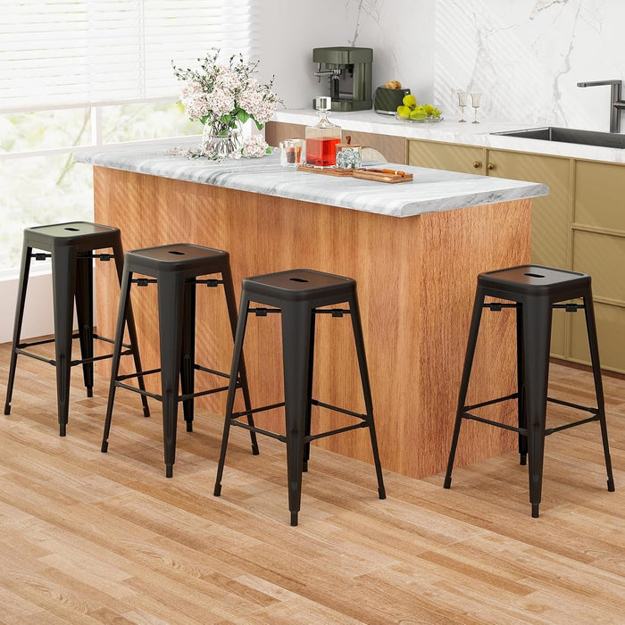 Metal Backless Bar Stools Set of 4, 30" Bar Height Modern Industrial Barstools W/Cut - Out Handle, Footrest, Rubber Foot Pads, Stackable Bar Dining Chairs for Kitchen Island, Black - ShipItFurniture