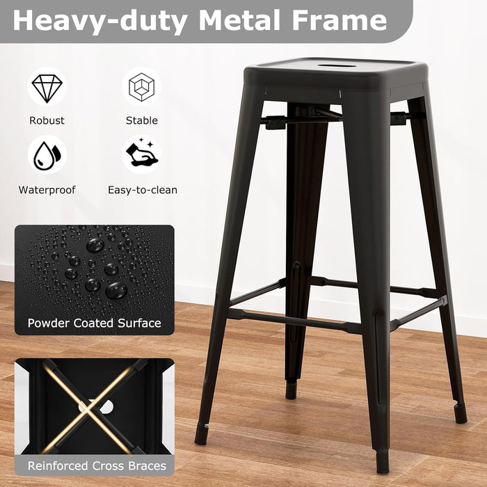 Metal Backless Bar Stools Set of 4, 30" Bar Height Modern Industrial Barstools W/Cut - Out Handle, Footrest, Rubber Foot Pads, Stackable Bar Dining Chairs for Kitchen Island, Black - ShipItFurniture