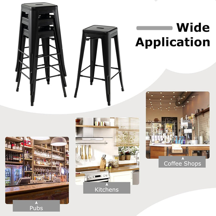 Metal Backless Bar Stools Set of 4, 30" Bar Height Modern Industrial Barstools W/Cut - Out Handle, Footrest, Rubber Foot Pads, Stackable Bar Dining Chairs for Kitchen Island, Black - ShipItFurniture