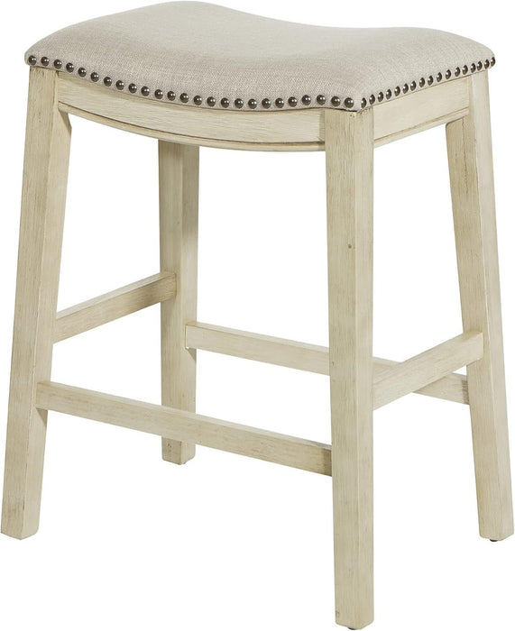 Metro 24 - Inch Counter Height Saddle Stool with Nailhead Trim 2 - Pack, Antique White Base with Beige Fabric - ShipItFurniture