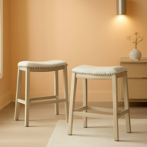 Metro 24 - Inch Counter Height Saddle Stool with Nailhead Trim 2 - Pack, Antique White Base with Beige Fabric - ShipItFurniture