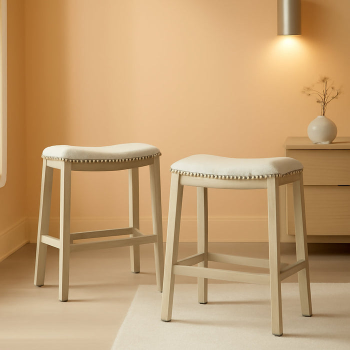 Metro 24 - Inch Counter Height Saddle Stool with Nailhead Trim 2 - Pack, Antique White Base with Beige Fabric - ShipItFurniture