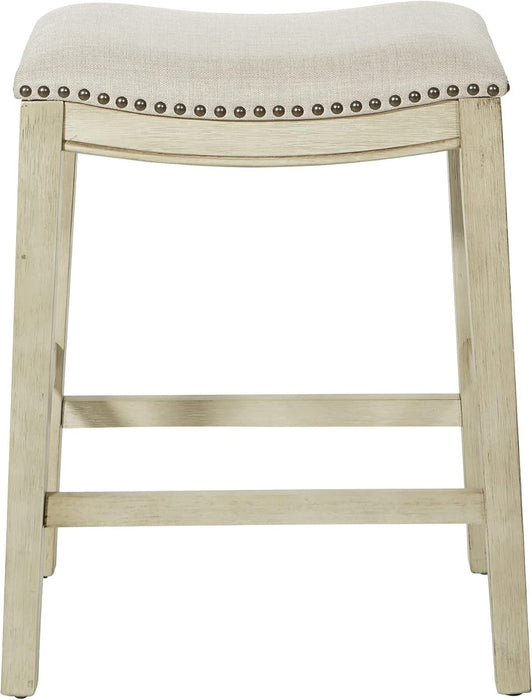 Metro 24 - Inch Counter Height Saddle Stool with Nailhead Trim 2 - Pack, Antique White Base with Beige Fabric - ShipItFurniture