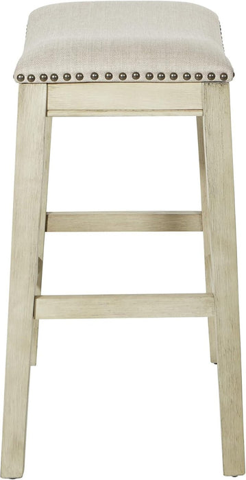 Metro 24 - Inch Counter Height Saddle Stool with Nailhead Trim 2 - Pack, Antique White Base with Beige Fabric - ShipItFurniture