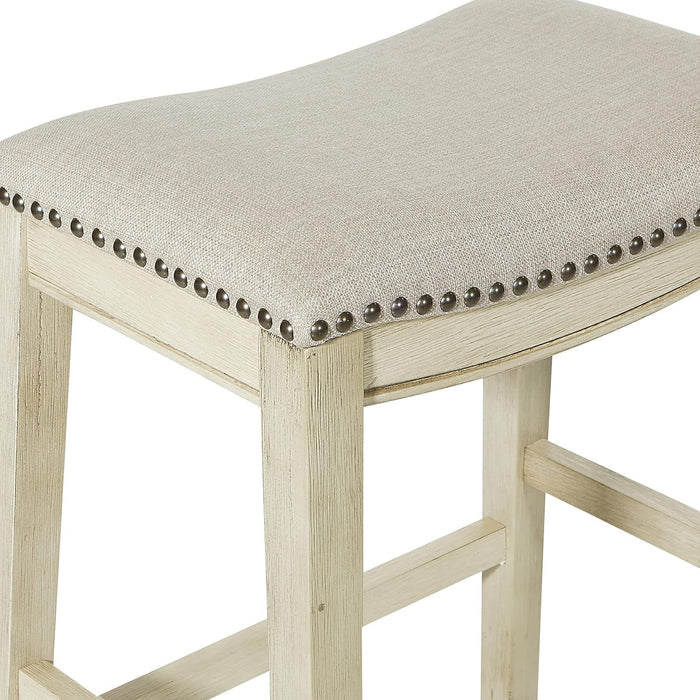 Metro 24 - Inch Counter Height Saddle Stool with Nailhead Trim 2 - Pack, Antique White Base with Beige Fabric - ShipItFurniture