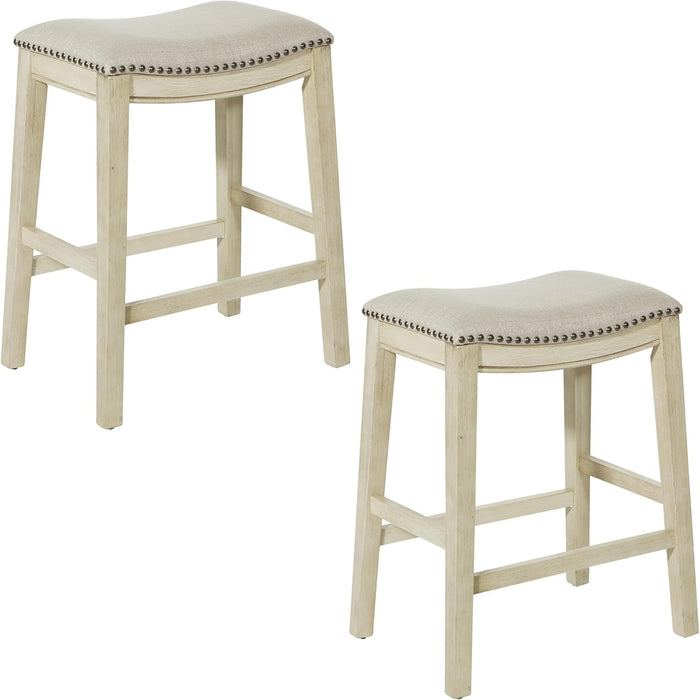 Metro 24 - Inch Counter Height Saddle Stool with Nailhead Trim 2 - Pack, Antique White Base with Beige Fabric - ShipItFurniture