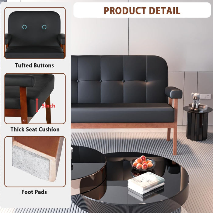 Mid Century Modern Black Leather Loveseat Sofa Couch - ShipItFurniture