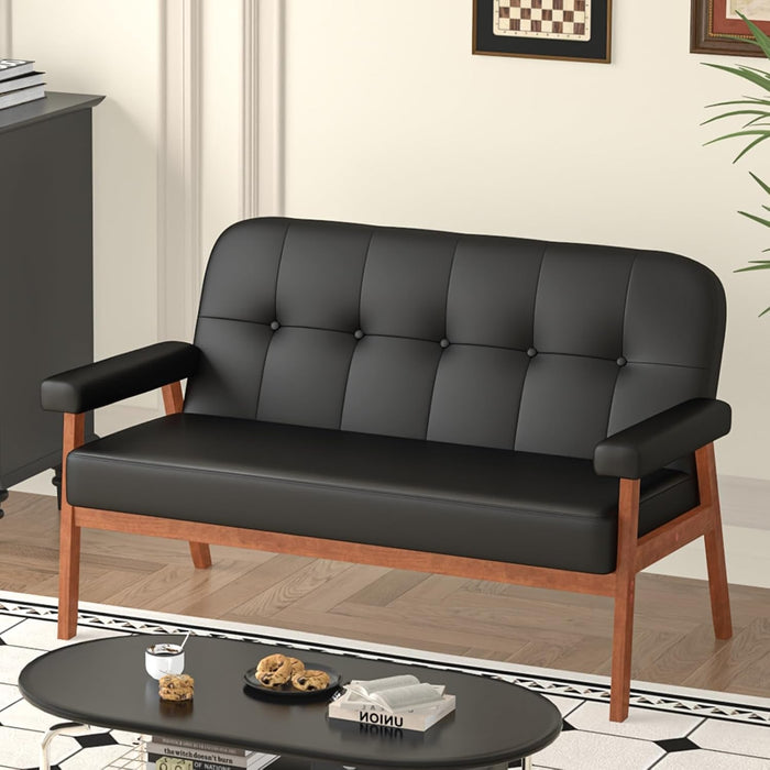Mid Century Modern Black Leather Loveseat Sofa Couch - ShipItFurniture