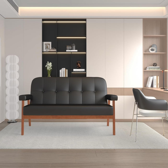 Mid Century Modern Black Leather Loveseat Sofa Couch - ShipItFurniture