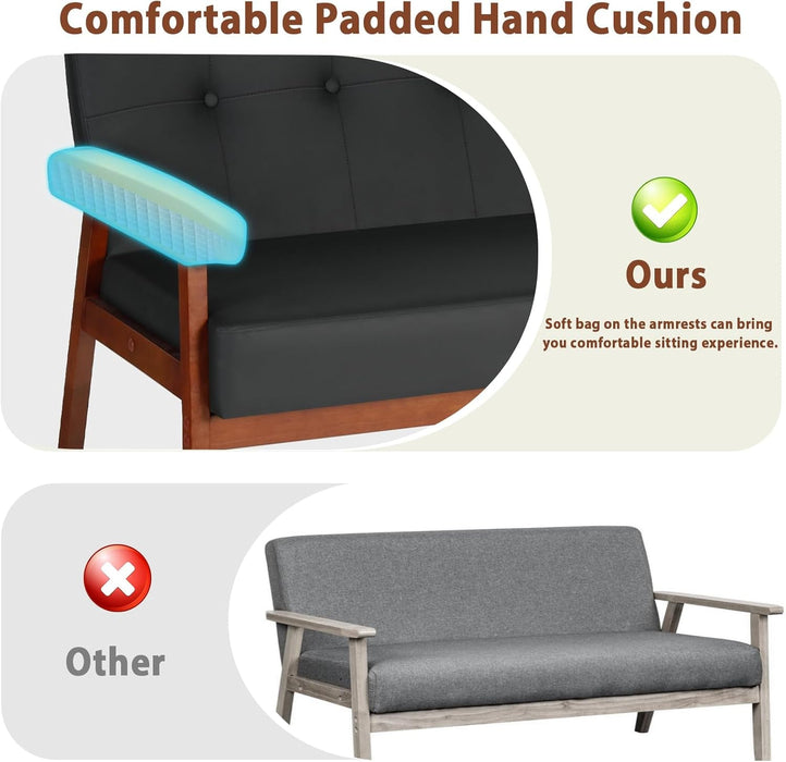 Mid Century Modern Black Leather Loveseat Sofa Couch - ShipItFurniture