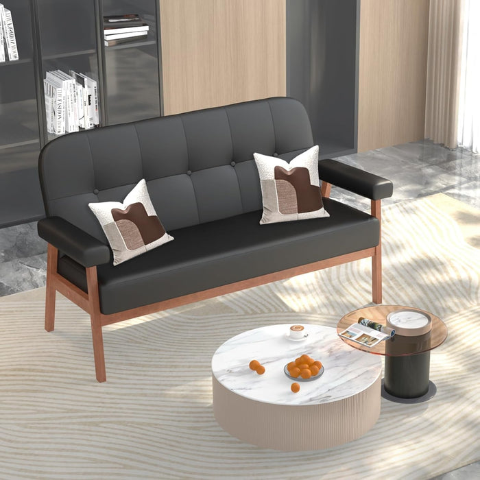 Mid Century Modern Black Leather Loveseat Sofa Couch - ShipItFurniture