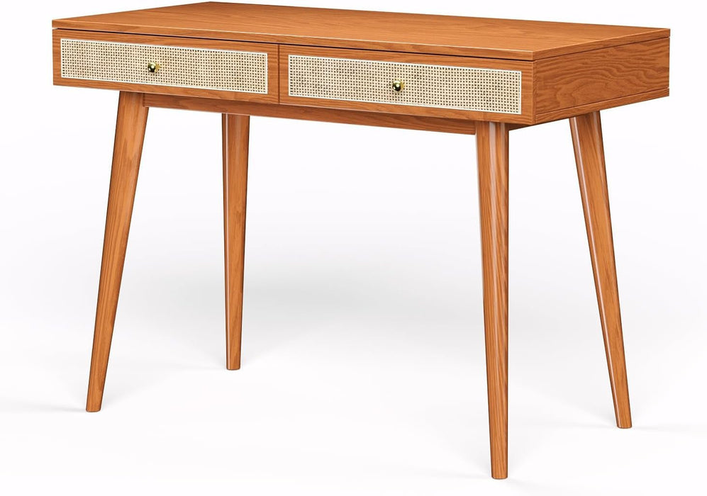 Mid - Century Modern Solid Wood Desk with Drawers – 45 Inch Small Boho Rattan Writing Desk for Home Office, Minimalist Design Natural Wood Legs Table for Workspace Elegance - ShipItFurniture