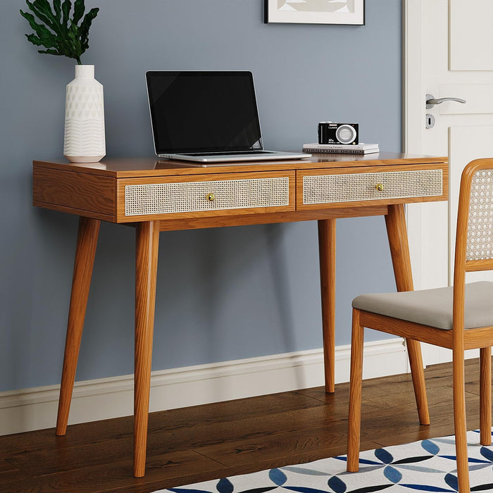 Mid - Century Modern Solid Wood Desk with Drawers – 45 Inch Small Boho Rattan Writing Desk for Home Office, Minimalist Design Natural Wood Legs Table for Workspace Elegance - ShipItFurniture