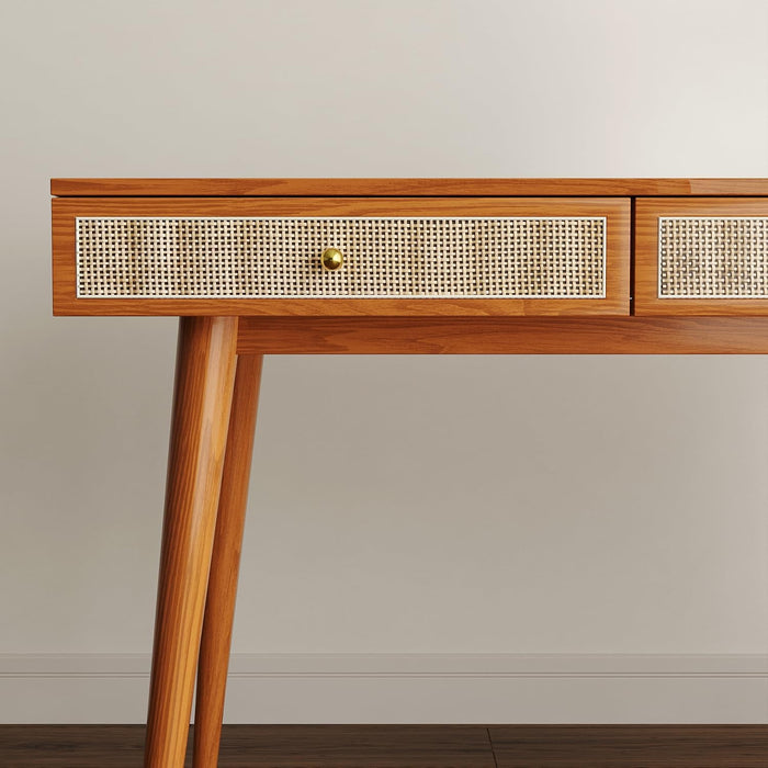 Mid - Century Modern Solid Wood Desk with Drawers – 45 Inch Small Boho Rattan Writing Desk for Home Office, Minimalist Design Natural Wood Legs Table for Workspace Elegance - ShipItFurniture