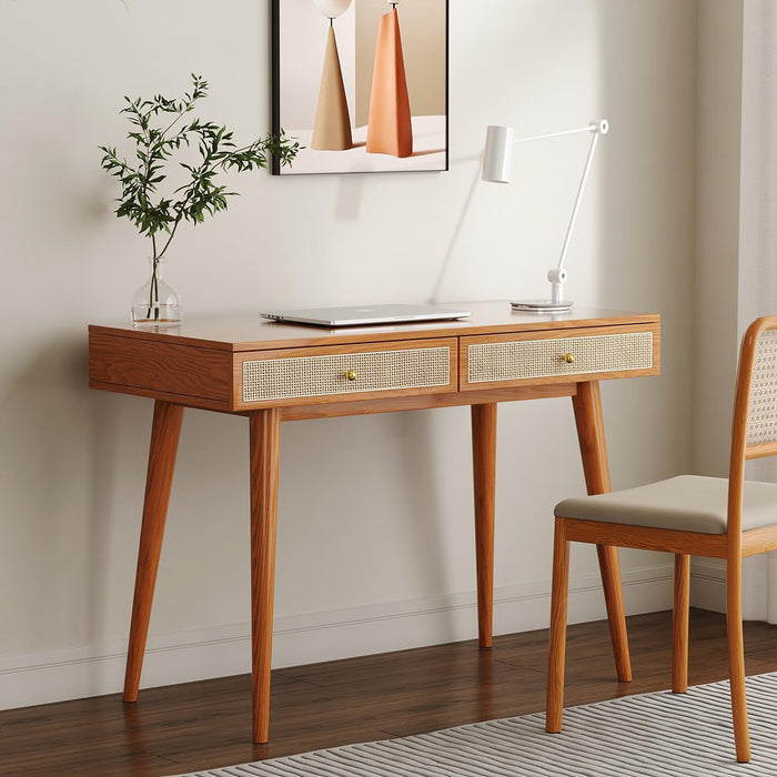 Mid - Century Modern Solid Wood Desk with Drawers – 45 Inch Small Boho Rattan Writing Desk for Home Office, Minimalist Design Natural Wood Legs Table for Workspace Elegance - ShipItFurniture