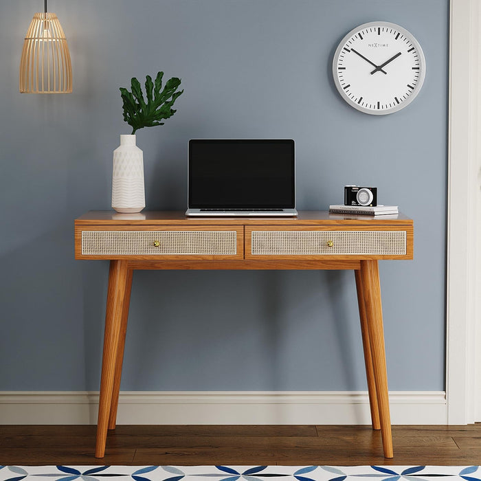 Mid - Century Modern Solid Wood Desk with Drawers – 45 Inch Small Boho Rattan Writing Desk for Home Office, Minimalist Design Natural Wood Legs Table for Workspace Elegance - ShipItFurniture