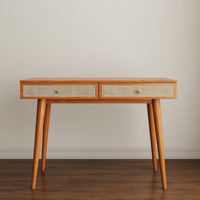 Mid - Century Modern Solid Wood Desk with Drawers – 45 Inch Small Boho Rattan Writing Desk for Home Office, Minimalist Design Natural Wood Legs Table for Workspace Elegance - ShipItFurniture
