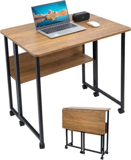 Mobile Foldable Desk W/ 6 Wheels,Portable Rolling Small Computer Desk W/Storage Shelves, Folding Desks for Small Spaces, Computer Table for Home Office Bedroom Living Room - Brown - ShipItFurniture