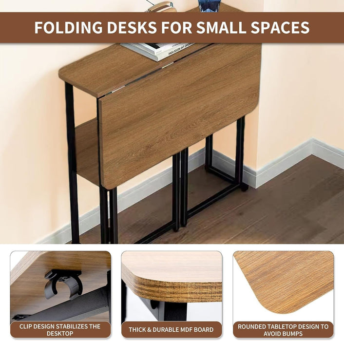 Mobile Foldable Desk W/ 6 Wheels,Portable Rolling Small Computer Desk W/Storage Shelves, Folding Desks for Small Spaces, Computer Table for Home Office Bedroom Living Room - Brown - ShipItFurniture