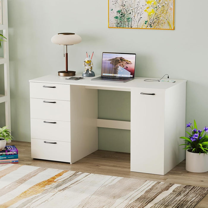 Modern 53 Inch White Computer Desk with Charging Station - ShipItFurniture
