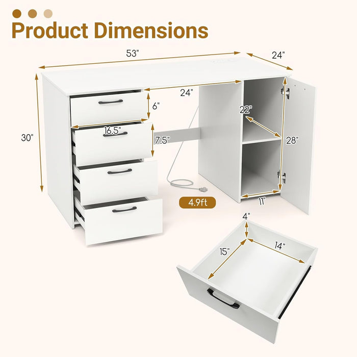 Modern 53 Inch White Computer Desk with Charging Station - ShipItFurniture