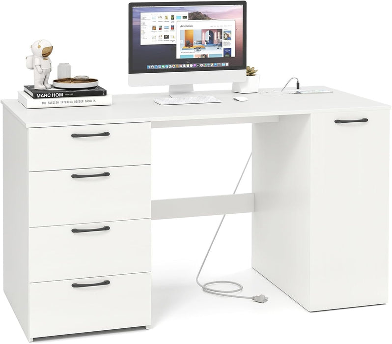 Modern 53 Inch White Computer Desk with Charging Station - ShipItFurniture