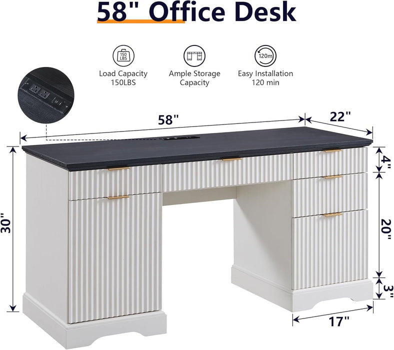 Modern 58 Inch Executive Desk with Storage and Drawers - ShipItFurniture
