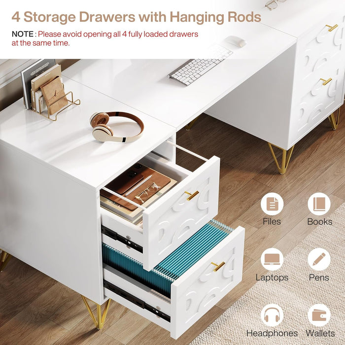 Modern 59 Inch White Executive Computer Desk with Drawers - ShipItFurniture